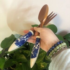 Blue and White Ceramic Handle Wooden Utensil Set